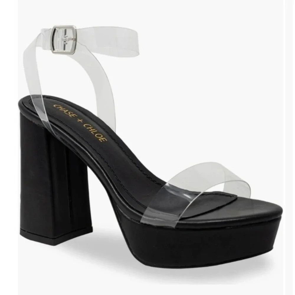 CHASE AND CHLOE Size 8.5 Black Clear Strap Platform Chunky‎ Heel Hela Sandals